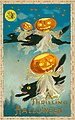 "A Thrilling Hallowe'en." (Three black cats flying through the air with Jack-o-lanterns).jpg